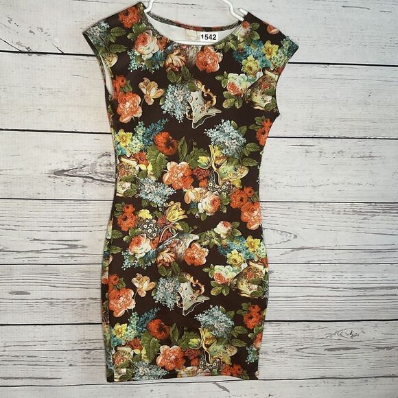 NARINPORN Floral‎ Brown Bodycon Dress Short sleevve Crew Neck Size M Sexy. Mini - Picture 3 of 8